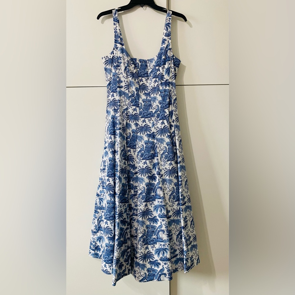 STAUD Blue and White Midi Dress